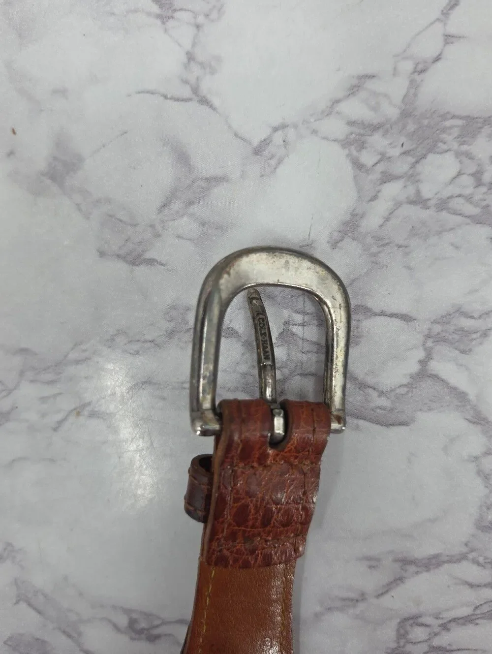 Vintage Cole Haan Men's Woven Cream Belt with Brown Leather Silver Tone Buckle